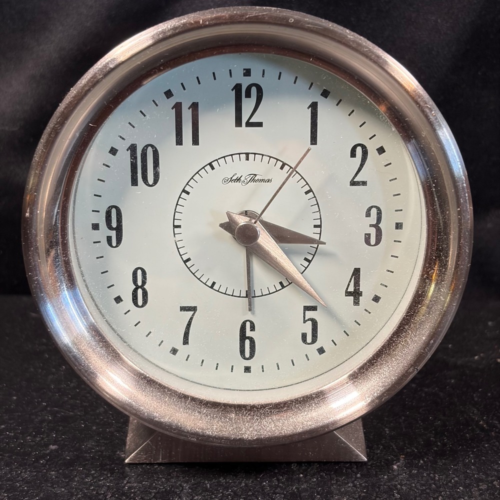 Seth Thomas Alarm Clock Brushed Silver Tone Metal Mid Century Modern Desk Decor